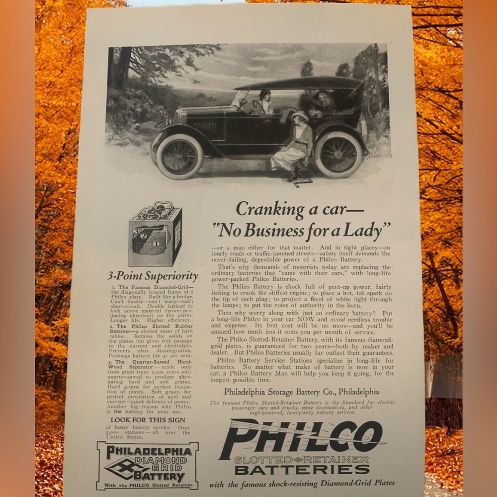 Vintage 1922 Philco Batteries Cranking A Car Ad Advertisement